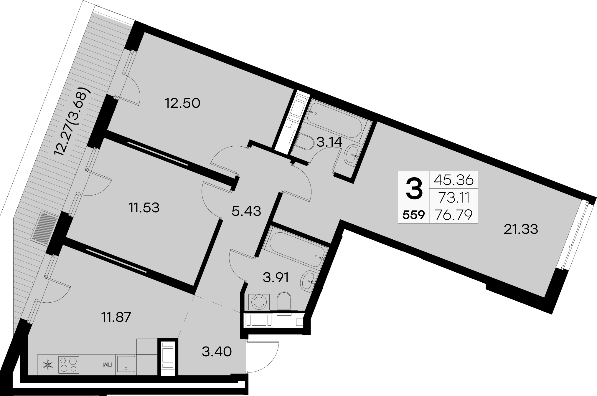 3-комнатная квартира 76.79 м², 8/8 эт., ЖК «Glorax City Балтийская»